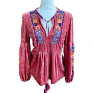 Floryday Blush Pink Velvet Embroidered Blouse Medium | Boho Tassel Tie Top